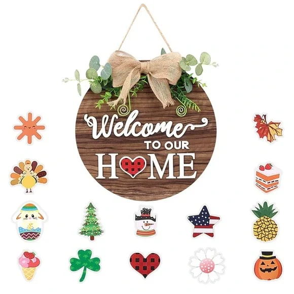 Interchangeable Welcome Sign Front Door, Seasonal Welcome Round Fall Wood Wreath - Picture 5 of 9